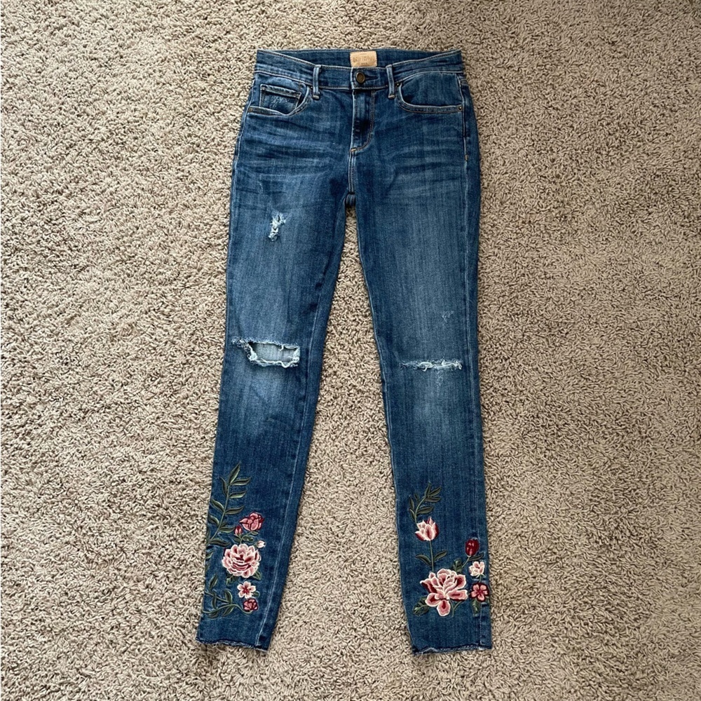 DRIFTWOOD Jackie Embroidered Raw Hem Floral Distressed Skinny Jeans size 25